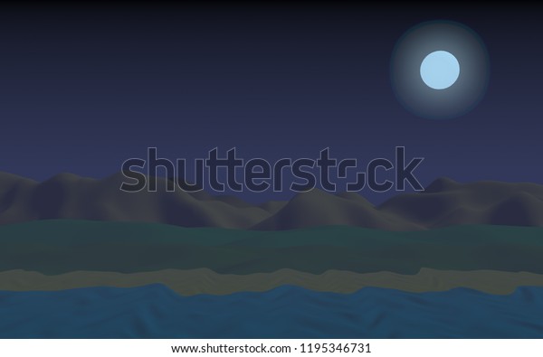 Moon Sea Beach. Midnight. Ocean shore line\
with waves on a beach. Island beach paradise with waves. Vacation,\
summer, relaxation. Seascape, seashore. Minimalist landscape,\
primitivism. 3D\
illustration