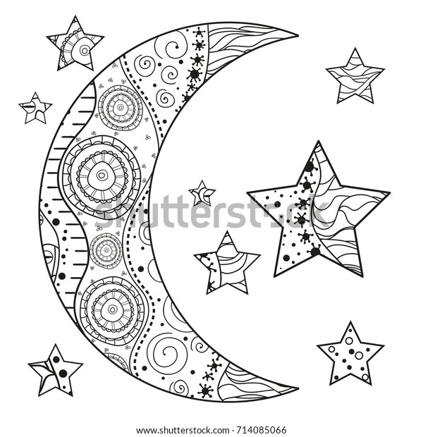 Moon and star with abstract patterns on\
isolation background. Design for spiritual relaxation for adults.\
Line art creation. Black and white illustration for anti stress\
colouring page. Print\
t-shirts