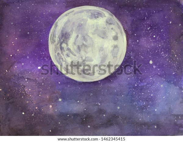 Moon in starry sky.
Hand-drawn watercolor big moon silhouette in galaxy background.
Purple cosmic
background.