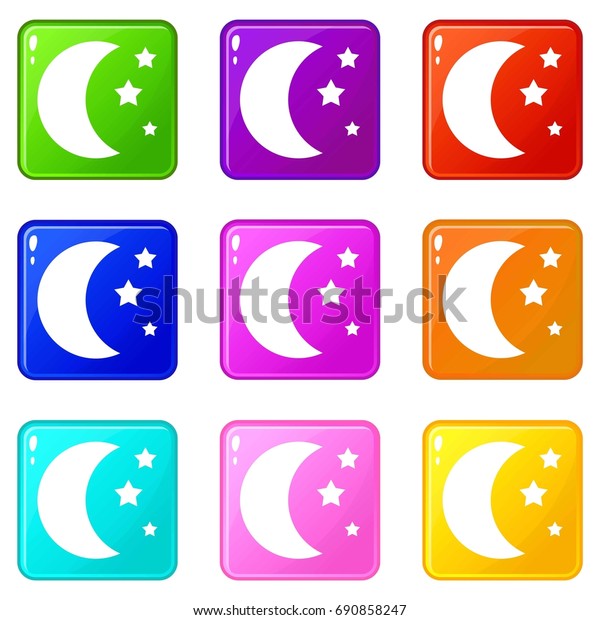 Moon and stars icons of 9 color set isolated\
 illustration