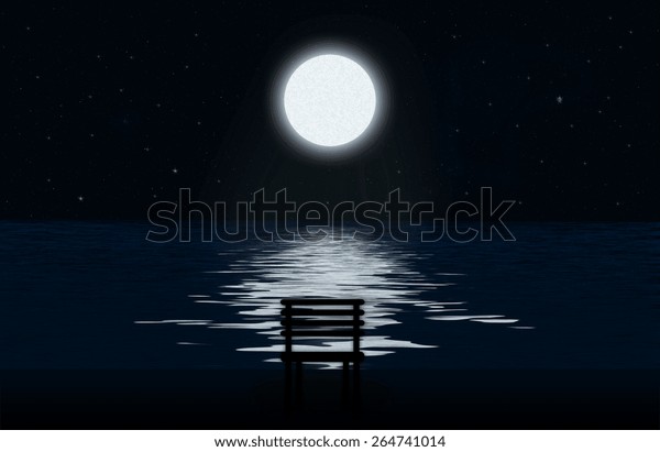 Moon, the stars and moonlit path on the water\
surface and silhouette of\
chair