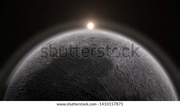 Moon and sun 3D rendering. Realistic luna,\
eclipse and rising sun from background.\
