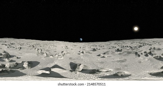 Moon Surface With Earth On The Horizon, A Landscape 360 HDRI Spherical Panorama For 3D Illustration Environments.