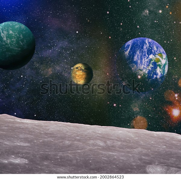 Moon surface and Earth on\
the horizon. Space art fantasy. Elements of this image furnished by\
NASA