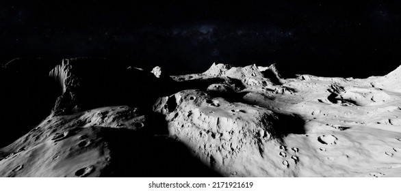 Moon surface scene 3D rendering. Dark background moonscape.