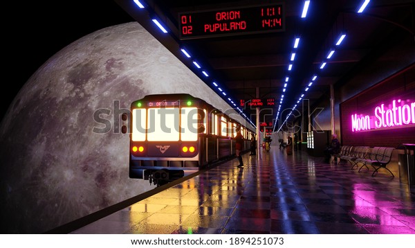 Moon Train Station to Orion Galaxy while People\
Dance in the train station Trippy Beautiful  Colorful Hypnotizing\
Universe