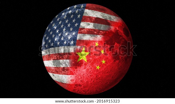 Moon\
with the USA and China flag painted on its surface. Usa vs China.\
Space race concept. Man on the moon. 3D\
illustration