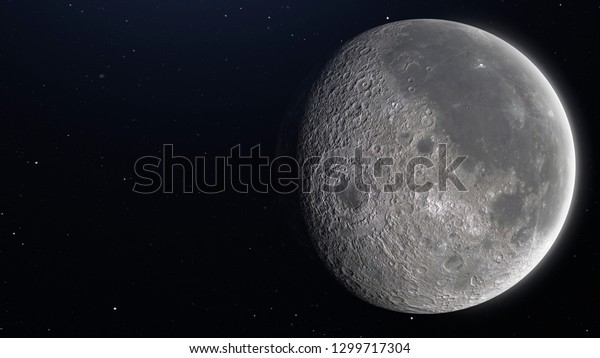 The moon view. Earth\'s natural satellite from\
Space in a star field showing the surface. Science and Nature theme\
3d render