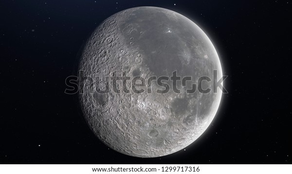 The moon view. Earth\'s natural satellite from\
Space in a star field showing the surface. Science and Nature theme\
3d render