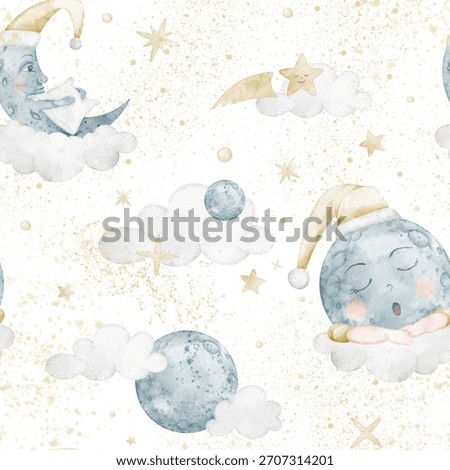 Moon watercolor seamless pattern with clouds, stars and cosmic splashes. Illustration of night background with dreamy crescent for bed linen and nursery bedtime. Backdrop for childish textile.