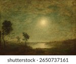 Moonlight (1886-1895) by Ralph Albert Blakelock . Vintage nature landscape painting artwork, old illustration of nature landscape.