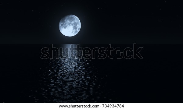 Moonlight path with low fool moon above the\
sea realistic 3d\
illustration