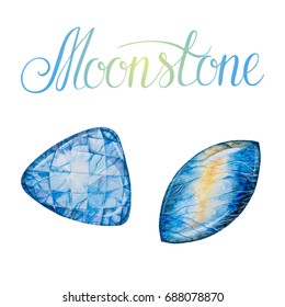 Moonstone gems isolated on white background. June birthstones Close up illustration of healing crystals drawn by hand with watercolor