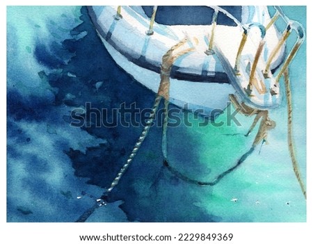Mooring boat, yacht watercolor painting, boat on the sea, reflection in the water. The shadow of the boat in the sea, watercolor art