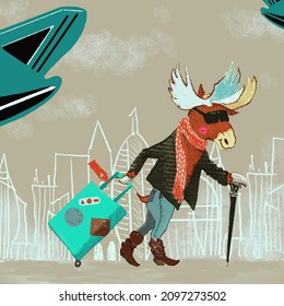 Moose Character Male And Female Traveling By Plane 