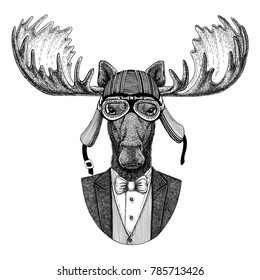 Moose, Elk Animal Wearing Jacket With Bow-tie And Biker Helmet Or Aviatior Helmet. Elegant Biker, Motorcycle Rider, Aviator. Image For Tattoo, T-shirt, Emblem, Badge, Logo, Patch