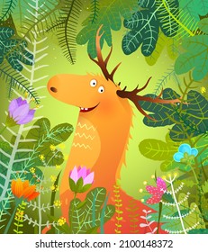 Moose or elk in lush green woods happy and silly smiling with big antlers. Funny cartoon for kids greeting cards and other design. Illustration in watercolor style.
