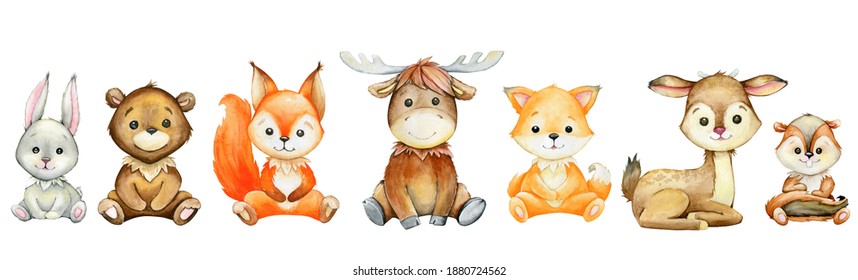 Moose, hare, squirrel, Fox, deer, badger, bear, cartoon style, on a white background. watercolor, set of forest animals.