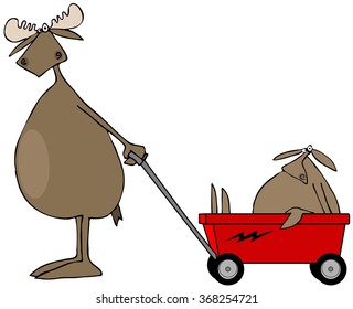 Moose Pulling Baby In Wagon