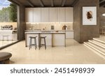 Morden Kitchen Interior with dining area, beige marble flooring, wooden kitchen shelves, a window with a lovely view, a plant for some fresh air, and other décor items. 3D Rendering