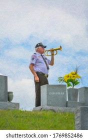 MORGANTOWN, WV, UNITED STATES - May 07, 2020: Illustration Of A Military Honor Guardsman Playing Taps At A Funeral In A Cemetery With COVID-19 Written On The Tombstone Grave Marker..