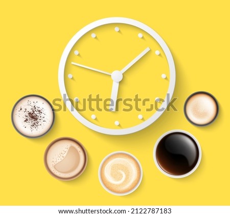 Café por la mañana. Reloj de alarma, copas de consumo de energía de la vista superior. Cappuccino americano y afiche de café de buen día