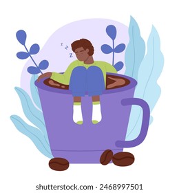 Morning coffee cups with sleepy tired man illustration. Cartoon isolated big mugs with lazy and exhausted male tiny character without energy in need rest and sleep - Powered by Shutterstock