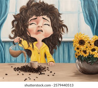 Morning coffee. Sleepy girl in pajamas. Spilled coffee beans. 
Sunflowers on the table.