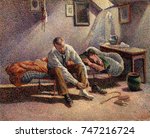 Morning, Interior, by Maximilien Luce, 1890, French Neo-Impressionist, oil on canvas. Pointillist painting of Luce\x90s close friend and fellow painter Gustave Perrot dressing in his artists garret