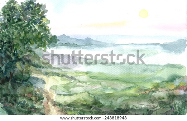 Morning Landscape Watercolor Stock Illustration 248818948