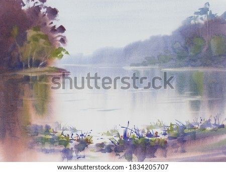 Morning mist by the lake with ships in autumn watercolor background. Autumn illustration