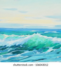 morning on mediterranean sea, wave,  illustration, painting by oil on a canvas