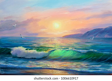 Morning on sea, wave, illustration, painting .