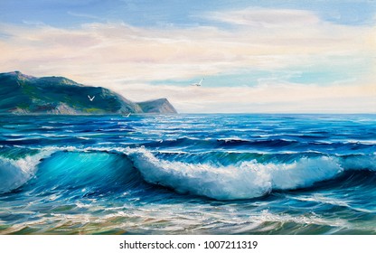 Morning On Sea, Wave, Illustration, Oil Painting.