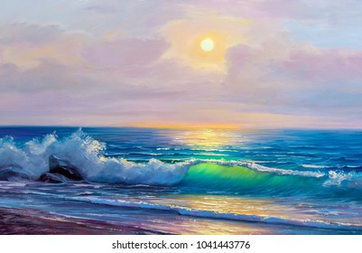 Morning on sea, wave, illustration, Oil painting paints on a canvas.