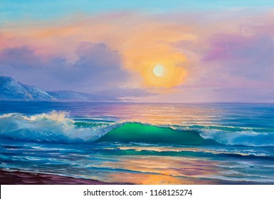Morning on sea wave illustration, Oil painting paints on a canvas.
