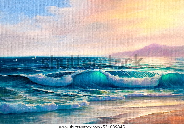 海の朝 波 イラトス 絵の具 絵の具 のイラスト素材