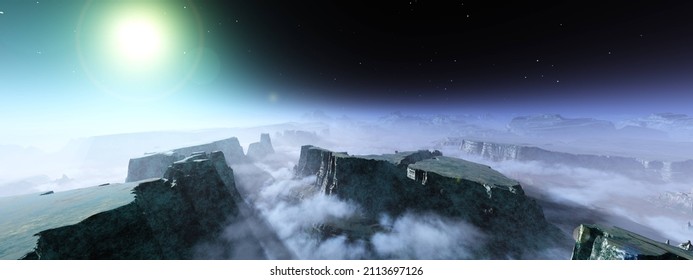 Morning On Titan, Sunrise On Venus, Alien Landscape, Clouds In The Canyon, 3d Rendering