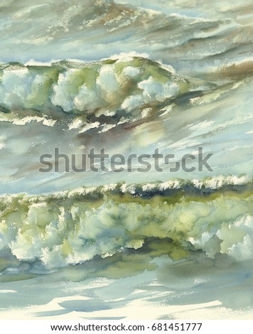 morning sea sun with bathers watercolor