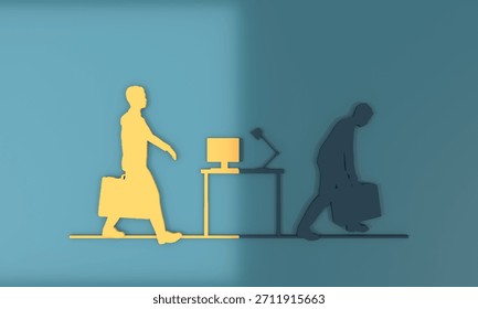 Morning vs evening. Difference between energy and mood level. Businessman in two versions tired and active. Happiness and burnout comparison. 3D render