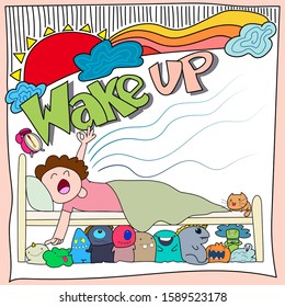 Morning wake up in bed happy With the monster under the bed  Flat design  illustration 