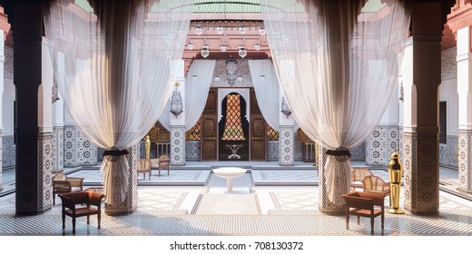 Moroccan Architecture Interior. Outdoor Courtyard In Moroccan Style.