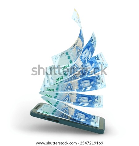 Morocco Dirham  notes entering or coming out of a smartphone. Online money transfer concept. money coming out of mobile phone isolated on white background

