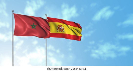 Morocco Flag With Spain Flag, 3D Rendering With Cloudy Sky