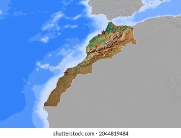 Morocco Map, Map Of Morocco With Capital And Major Cities - 3D Rendering. 3d Map Colored Considering Vegetation And Land Use.