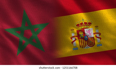 Morocco And Spain - 3D Illustration Two Flag Together - Fabric Texture