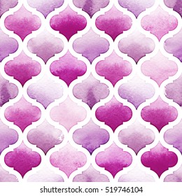 Morrocan Rug Tangier Of Purple Colors On White Background. Watercolor Seamless Pattern. Bodacious