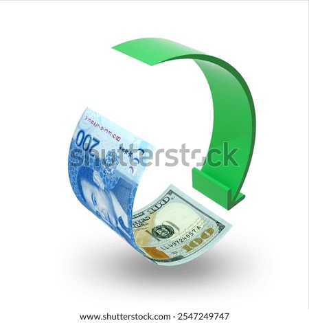 Morroco dirham US dollar exchage rate concept, currencies covertion rate icon, symbol, sign, bending paper currency note with a round green arrow, 3D rendering
