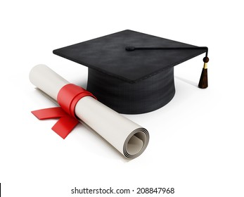 Mortar Board And Diploma Isolated On White.