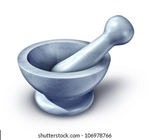 Mortar and pestle made of white marble on a blank background for grinding ingredients as a symbol of a mixing bowl for health care and natural pharmaceutical medicine and medical chemistry.